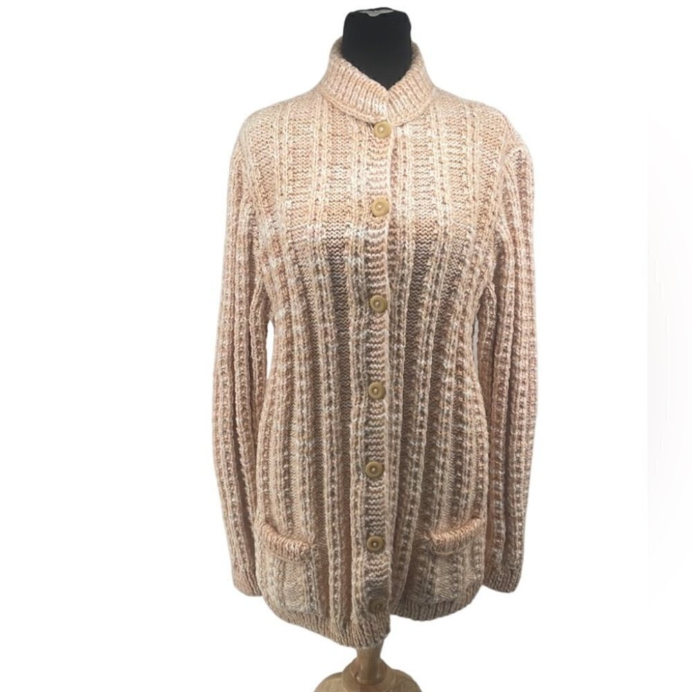 Hand knit cardigan chunky knit peach and white tones grandmacore sz M